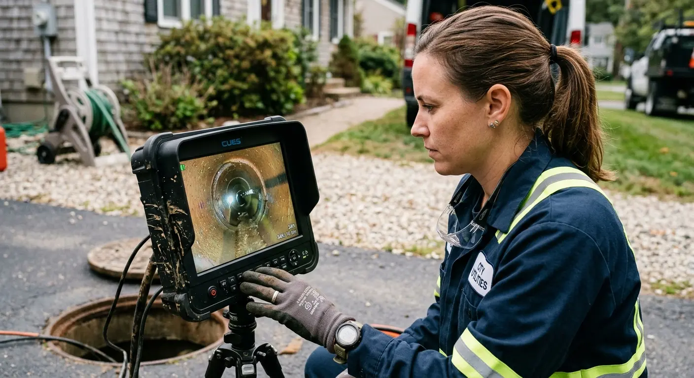 Technician reviewing sewer camera inspection footage in Palm Coast