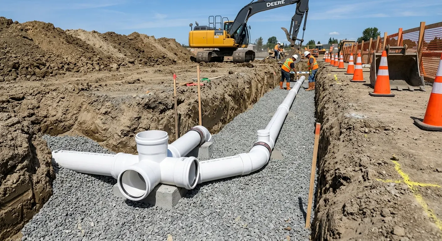 New PVC sewer pipe installation in open trench for Sewer Backup in Palm Coast