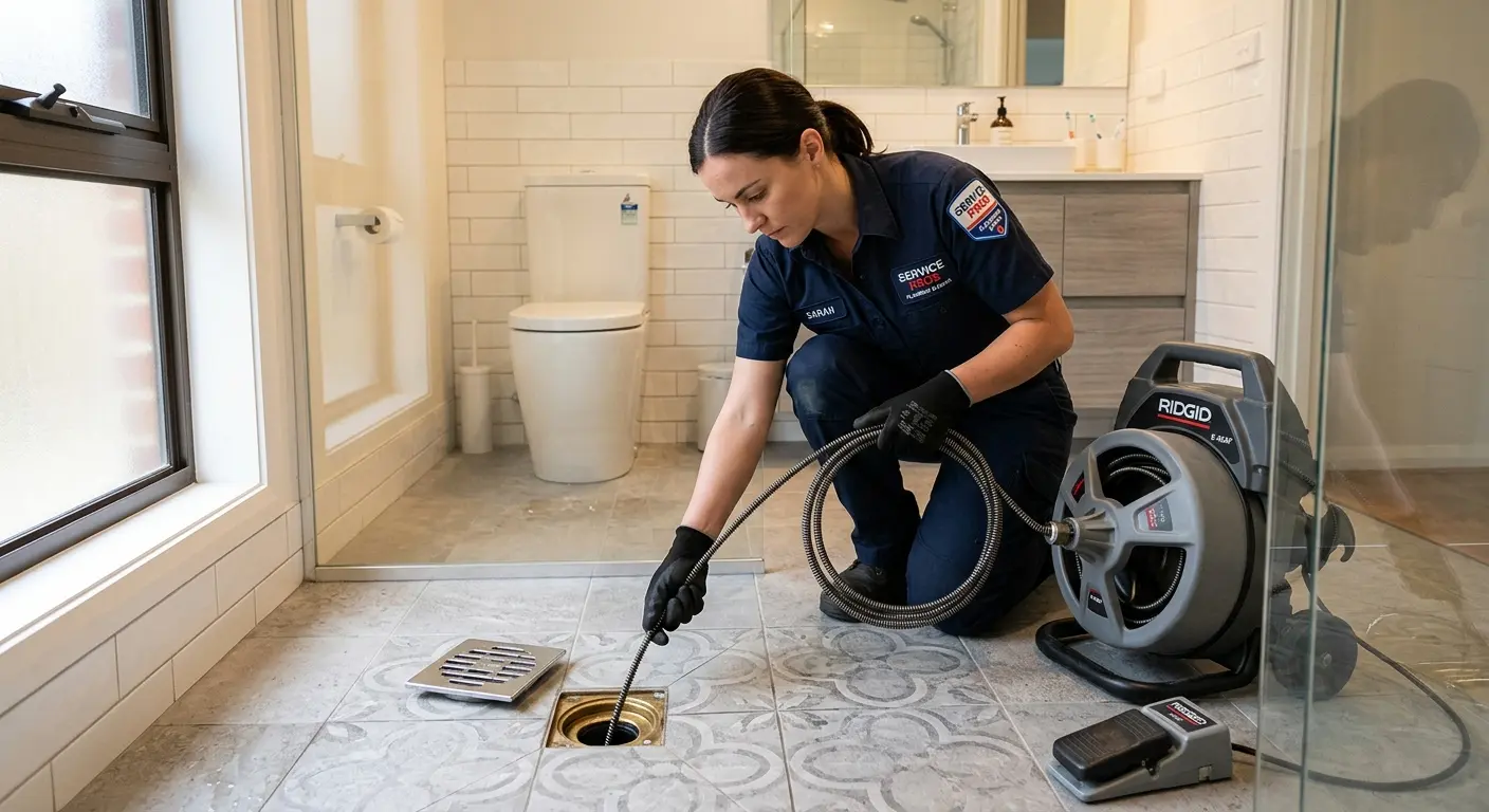 Technician clearing a bathroom floor drain for Sewer Line Replacement in Palm Coast